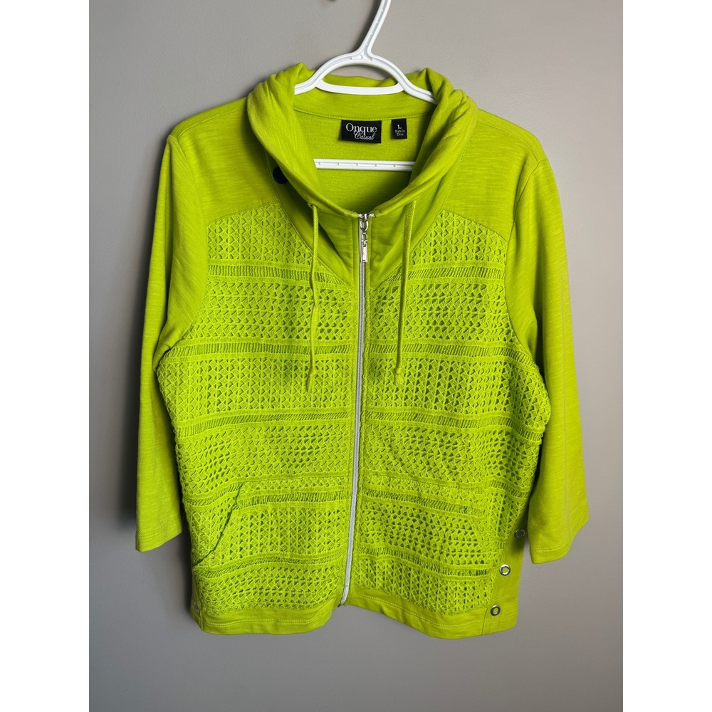 Onque Casual Womens Lime Green Crochet Panel Zip Up Jacket L Boho Bright Indie